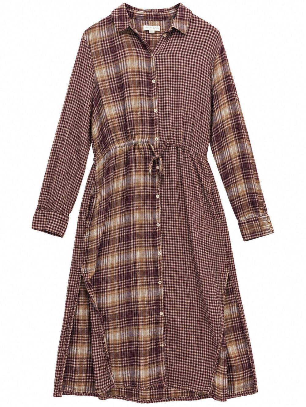 Treasure Bond Plaid Shirtdress with Drawstring Waist